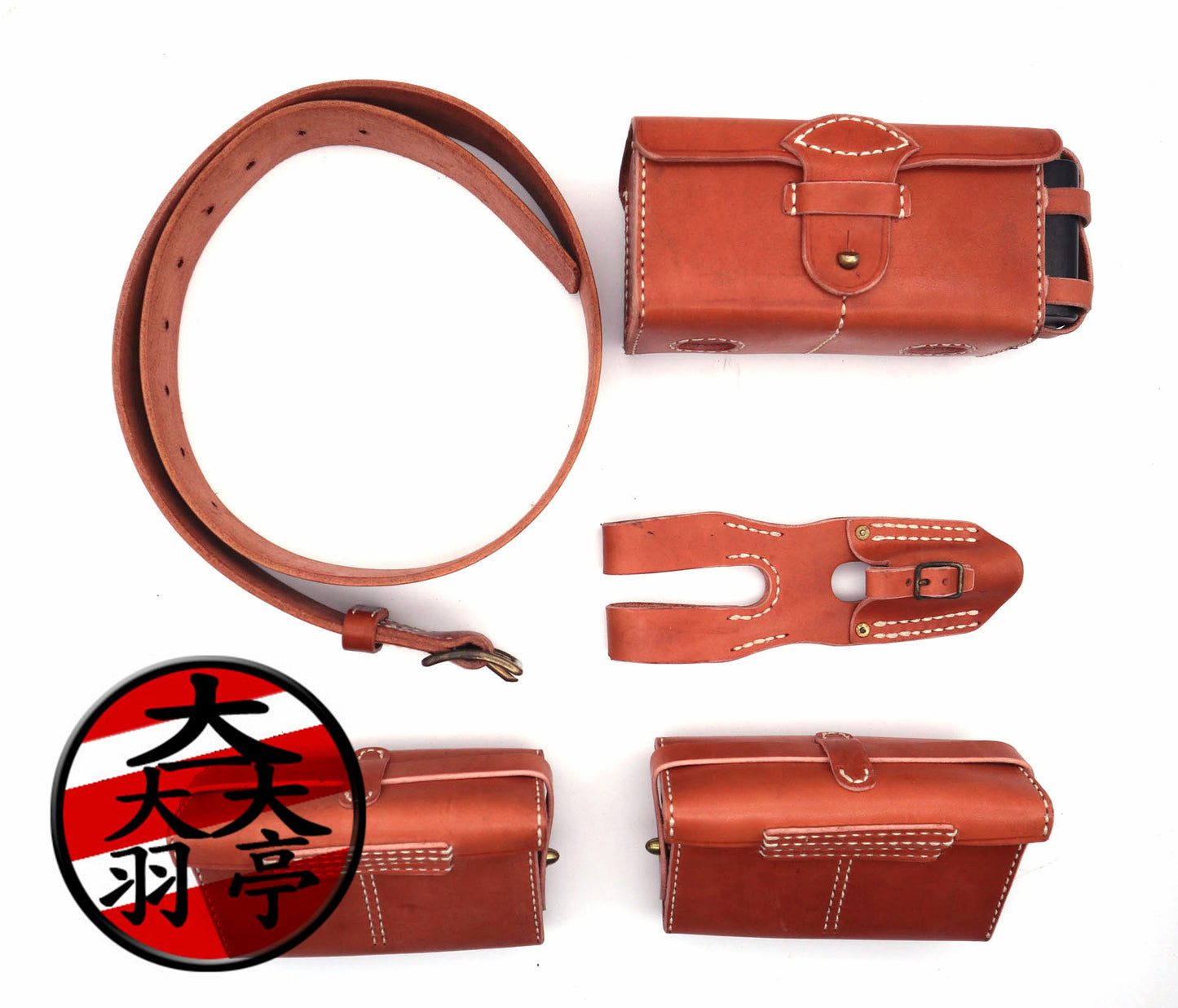 羽亭推荐出口版皮具38前盒后盒油壶腰带头层牛皮   Recommended by Yuting: Export‑grade top‑grain leather set, Type‑38 front & rear ammo pouches, gun oiler, waist belt